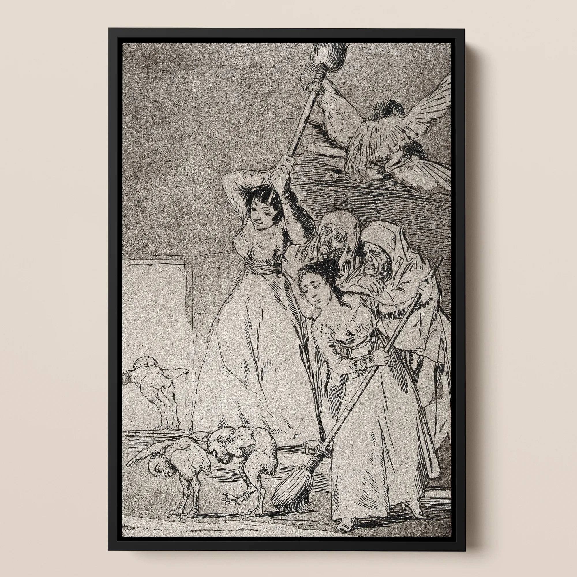 Two Young Women Chasing and Sweeping Bird Figures with Mens’ Heads out of a Door Encouraged by Old Men in Religious Habits - Francisco De