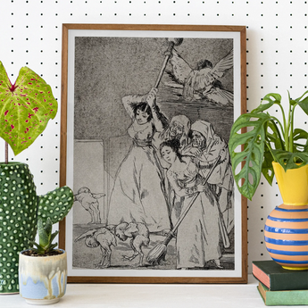 Two Young Women Chasing and Sweeping Bird Figures with Mens’ Heads out of a Door Encouraged by Old Men in Religious Habits - Francisco De