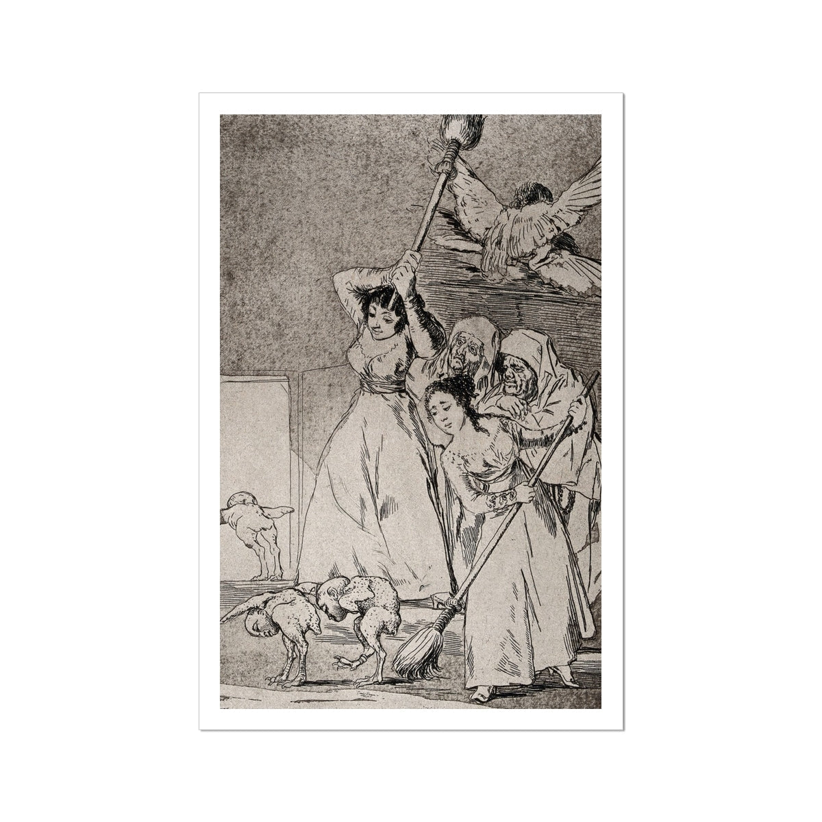 Two Young Women Chasing and Sweeping Bird Figures with Mens’ Heads out of a Door Encouraged by Old Men in Religious Habits - Francisco De