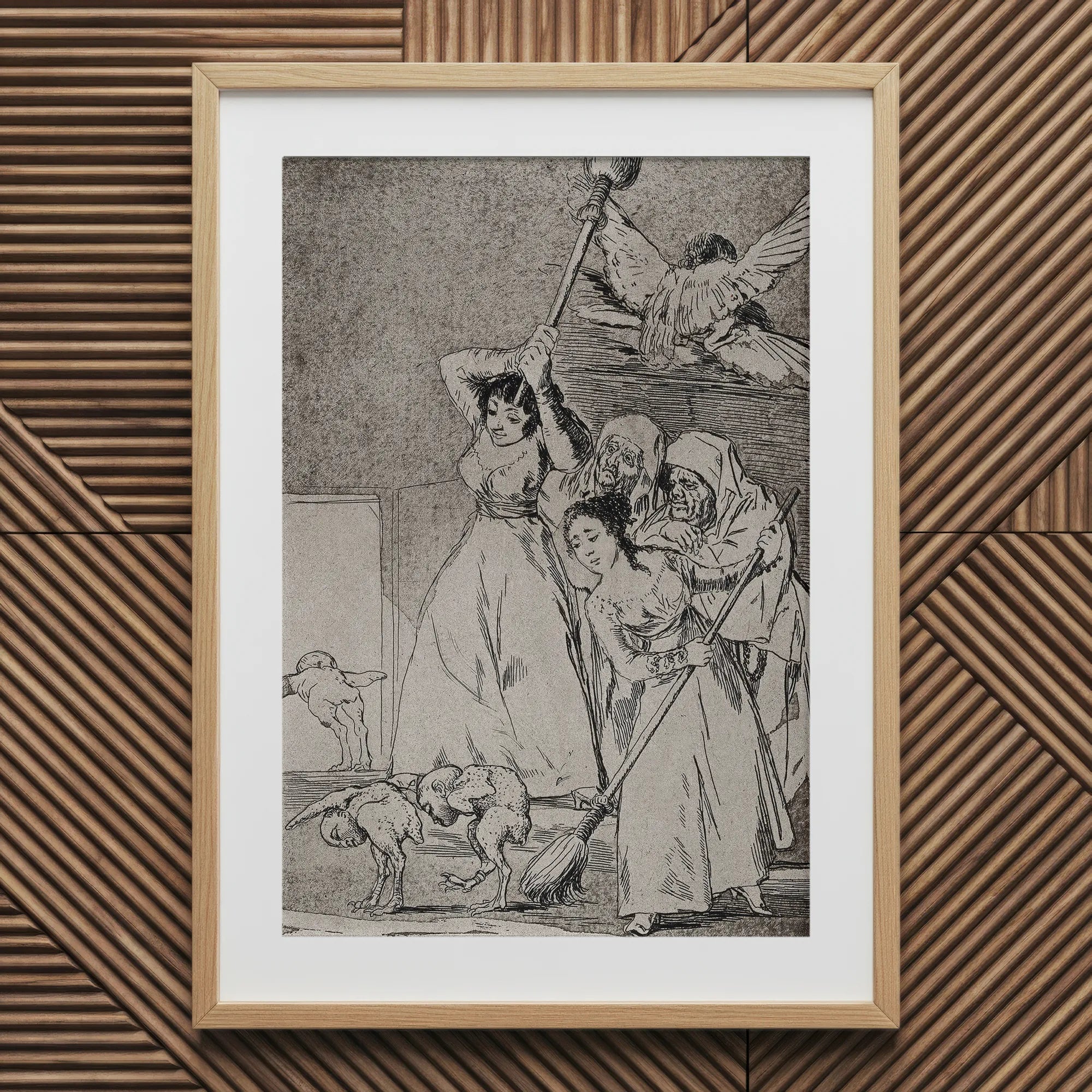 Two Young Women Chasing and Sweeping Bird Figures with Mens’ Heads out of a Door Encouraged by Old Men in Religious Habits - Francisco De