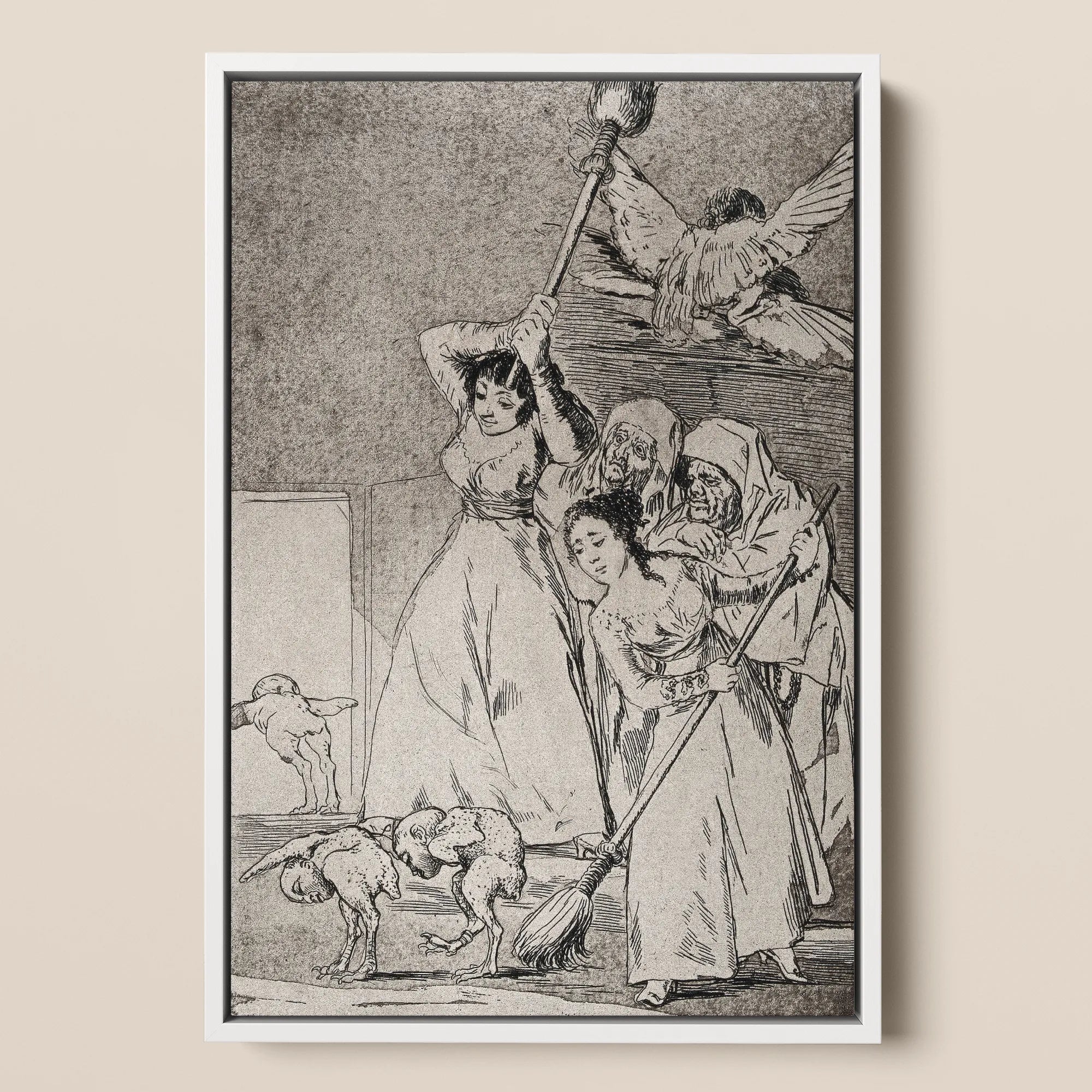 Two Young Women Chasing and Sweeping Bird Figures with Mens’ Heads out of a Door Encouraged by Old Men in Religious Habits - Francisco De