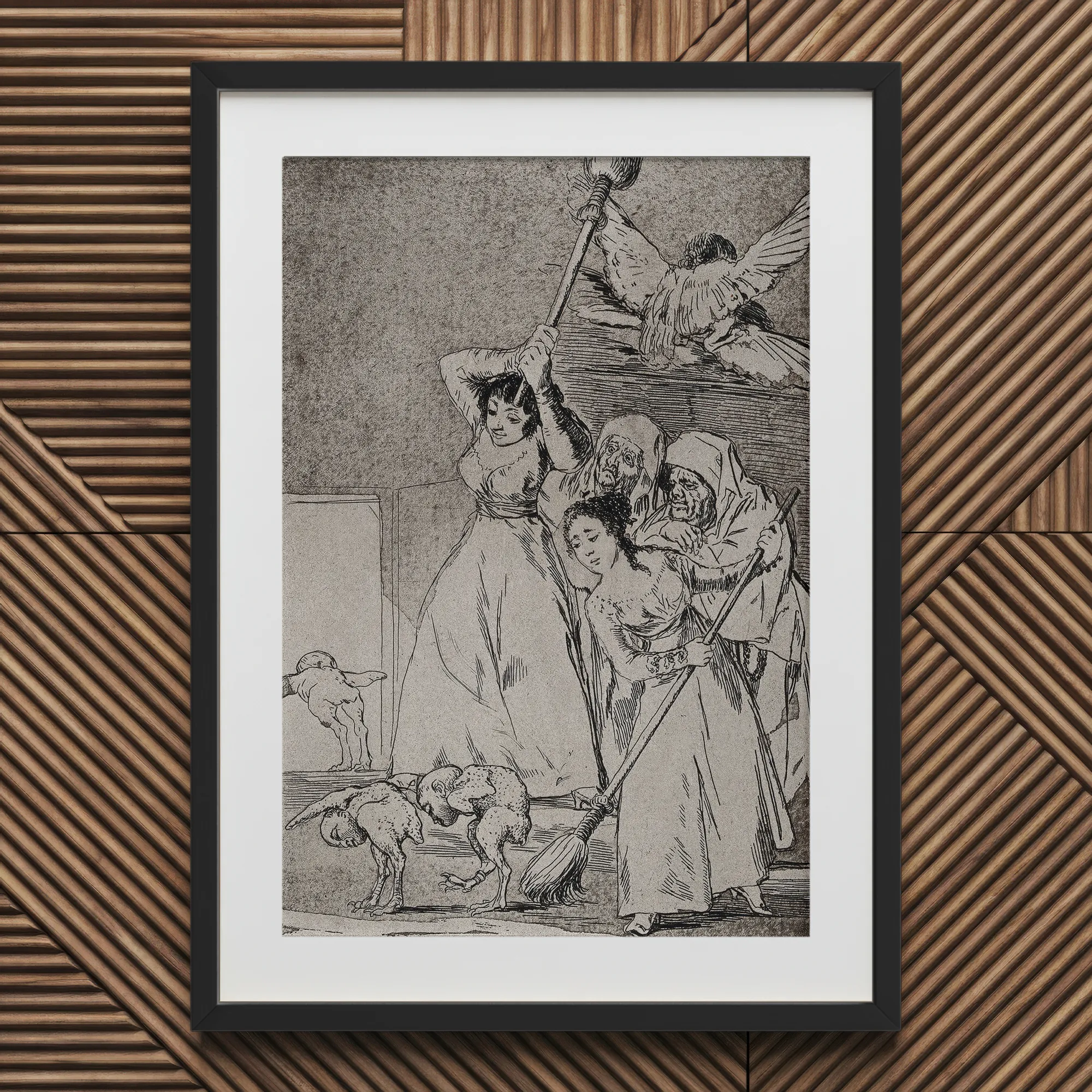 Two Young Women Chasing and Sweeping Bird Figures with Mens’ Heads out of a Door Encouraged by Old Men in Religious Habits - Francisco De