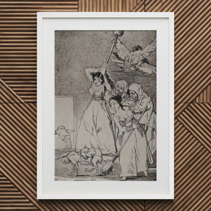 Two Young Women Chasing and Sweeping Bird Figures with Mens’ Heads out of a Door Encouraged by Old Men in Religious Habits - Francisco De