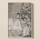 Two Young Women Chasing and Sweeping Bird Figures with Mens’ Heads out of a Door Encouraged by Old Men in Religious Habits - Francisco De