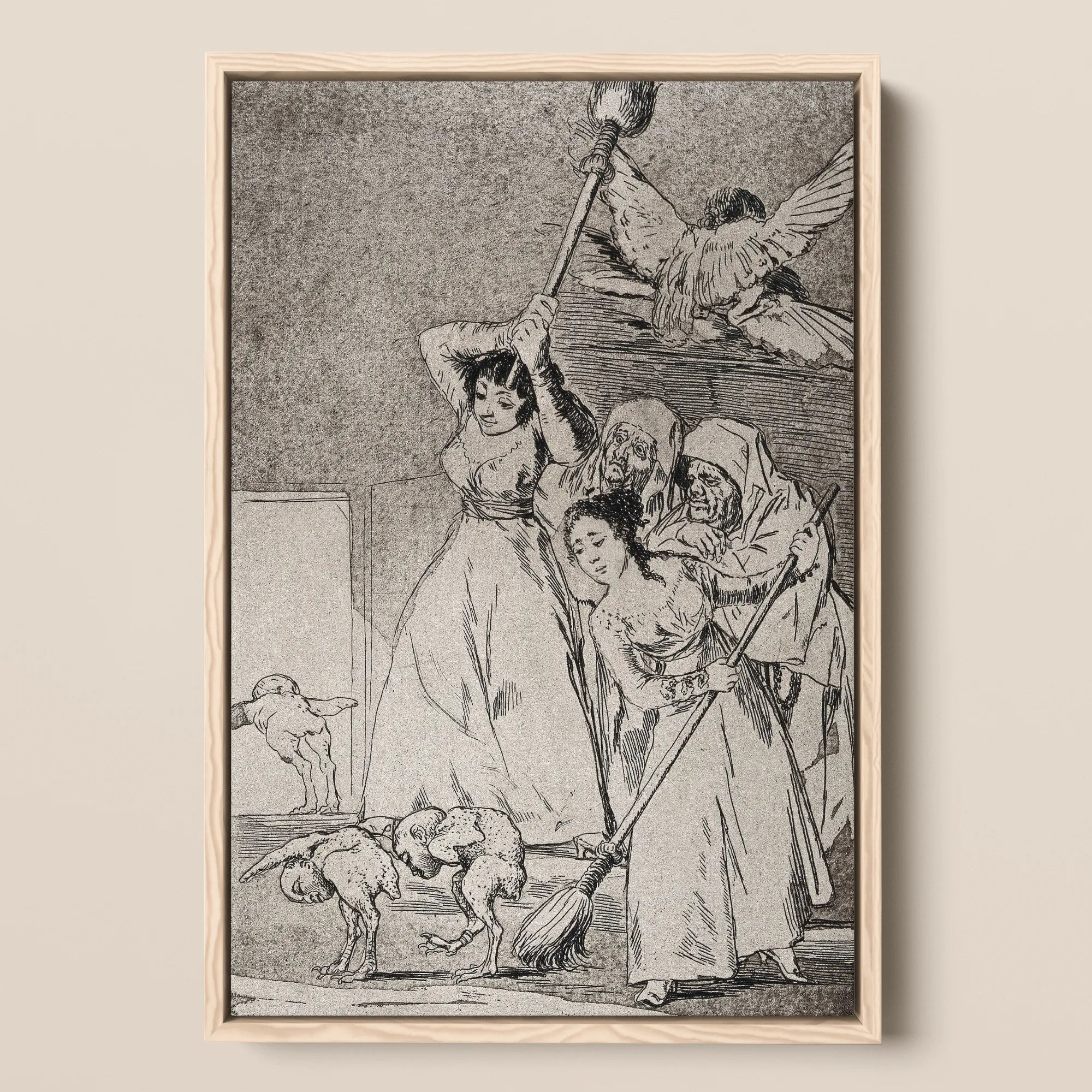 Two Young Women Chasing and Sweeping Bird Figures with Mens’ Heads out of a Door Encouraged by Old Men in Religious Habits - Francisco De