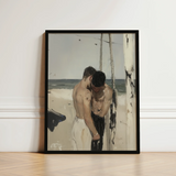 Black-framed Artwork Two Shirtless Men Beach Muted Tones Cruising Gay Erotica, Art Print