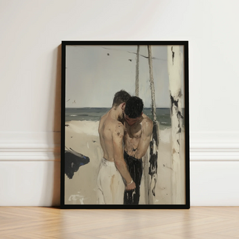 Black-framed Artwork Two Shirtless Men Beach Muted Tones Cruising Gay Erotica, Art Print
