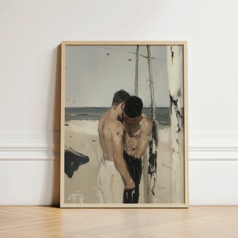 Framed Painting Two Shirtless Men Beach Enclosed Light Cruising Gay Erotica, Art Print