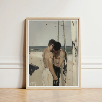 Framed Painting Light Wood Frame Two Shirtless Men Cruising Gay Erotica, Art Print