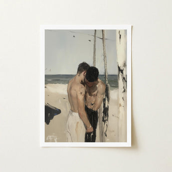 Undertow - Cruising Gay Erotica Art Print / Canvas White-framed Two Shirtless Men Beach Rendered, Prints