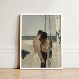 White-framed Art Print Two Shirtless Men Beach Rendered Cruising Gay Erotica