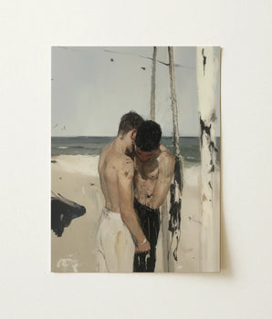 Beige Black Painted Canvas Two Shirtless Men Beach Cruising Gay Erotica, Art Print