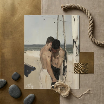 Undertow - Cruising Gay Erotica Art Print / Canvas Beige Rectangular Painting Two Shirtless Men Beach Framed, Prints
