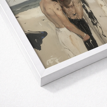 White Framed Painting Two Figures Beach Scene Rendered Cruising Gay Erotica, Art Print