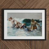 Undertow - Winslow Homer Art Print / Canvas, Dark Teal Wave, Teal Wave Gathers, Four Figures Locked, Surf’s Lateral Drag, Victorian-era