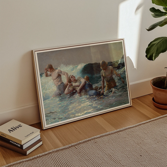 Undertow - Winslow Homer Art Print / Canvas, Dark Teal Wave, Teal Wave Gathers, Four Figures Locked, Surf’s Lateral Drag, Victorian-era