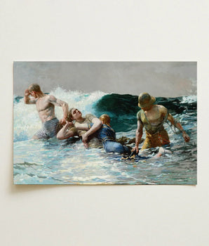 Dramatic Oil Painting Canvas Three Men Turbulent Ocean Two, Dark Teal Wave, Gathers, Four Figures Locked, Surf’s Lateral Drag,