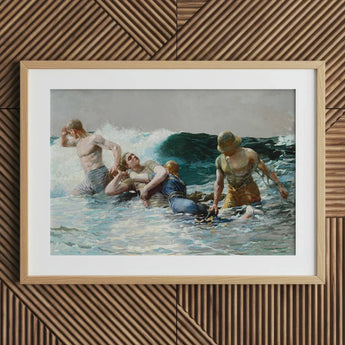 Undertow - Winslow Homer Art Print / Canvas Framed Painting Dramatic Ocean Rescue Scene Encased Light Dark Teal Wave, Gathers, Four Figures