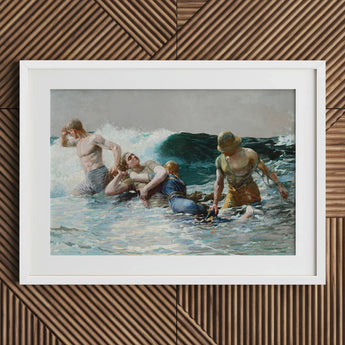 Undertow - Winslow Homer Art Print / Canvas White-framed Artwork Dramatic Maritime Rescue Scene Figures Turbulent Dark Teal Wave, Gathers,