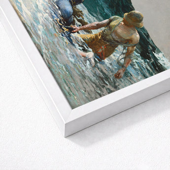 Undertow - Winslow Homer Art Print / Canvas White-framed Artwork Rugged Muscular Man Earth-toned Clothing Hat Two Men, Dark Teal Wave,