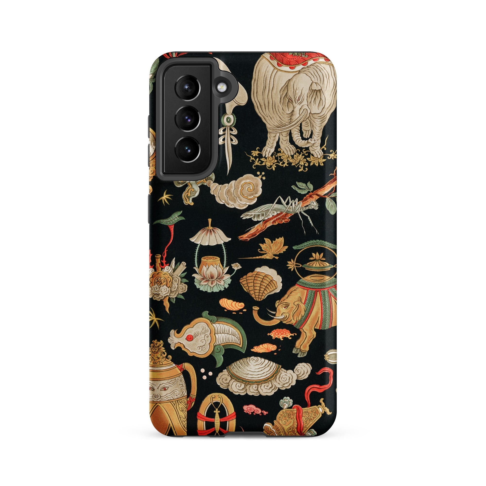 Underworld Chinoiserie Auguste Racinet Samsung Case, Galaxy S21 Fe / Matte, Black Smartphone Case Colorful Ornate Pattern Elephants Insects