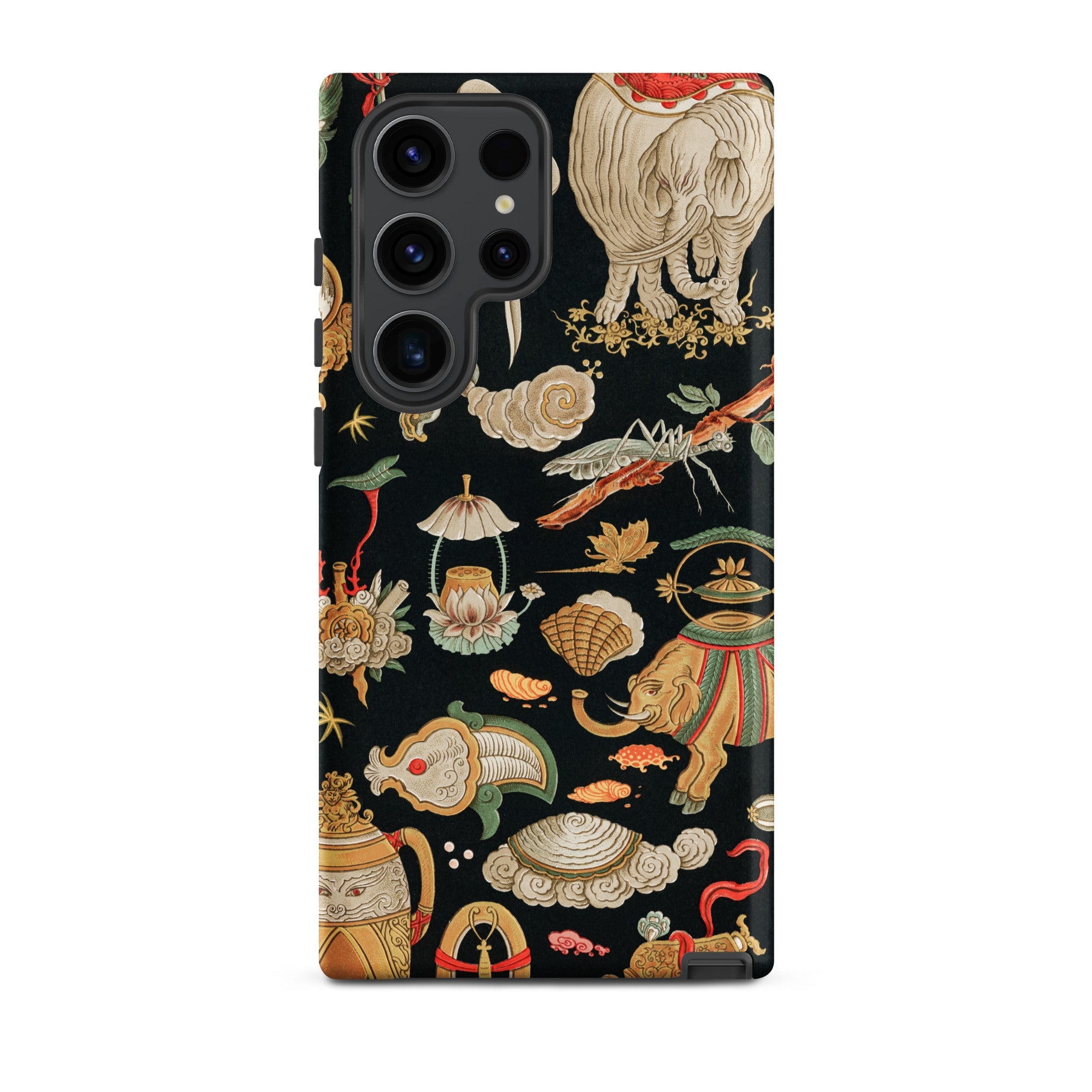 Underworld Chinoiserie Auguste Racinet Samsung Case, Galaxy S23 Ultra / Matte, Black Phone Case Detailed Colorful Pattern Elephants Insects