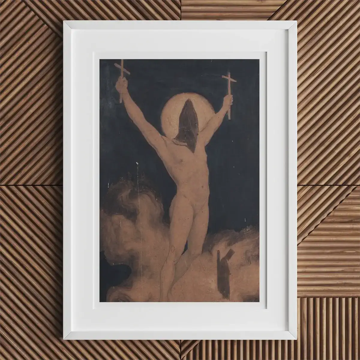 Framed painting of a nude figure holding crosses by Sascha Schneider for Schwules Museum
