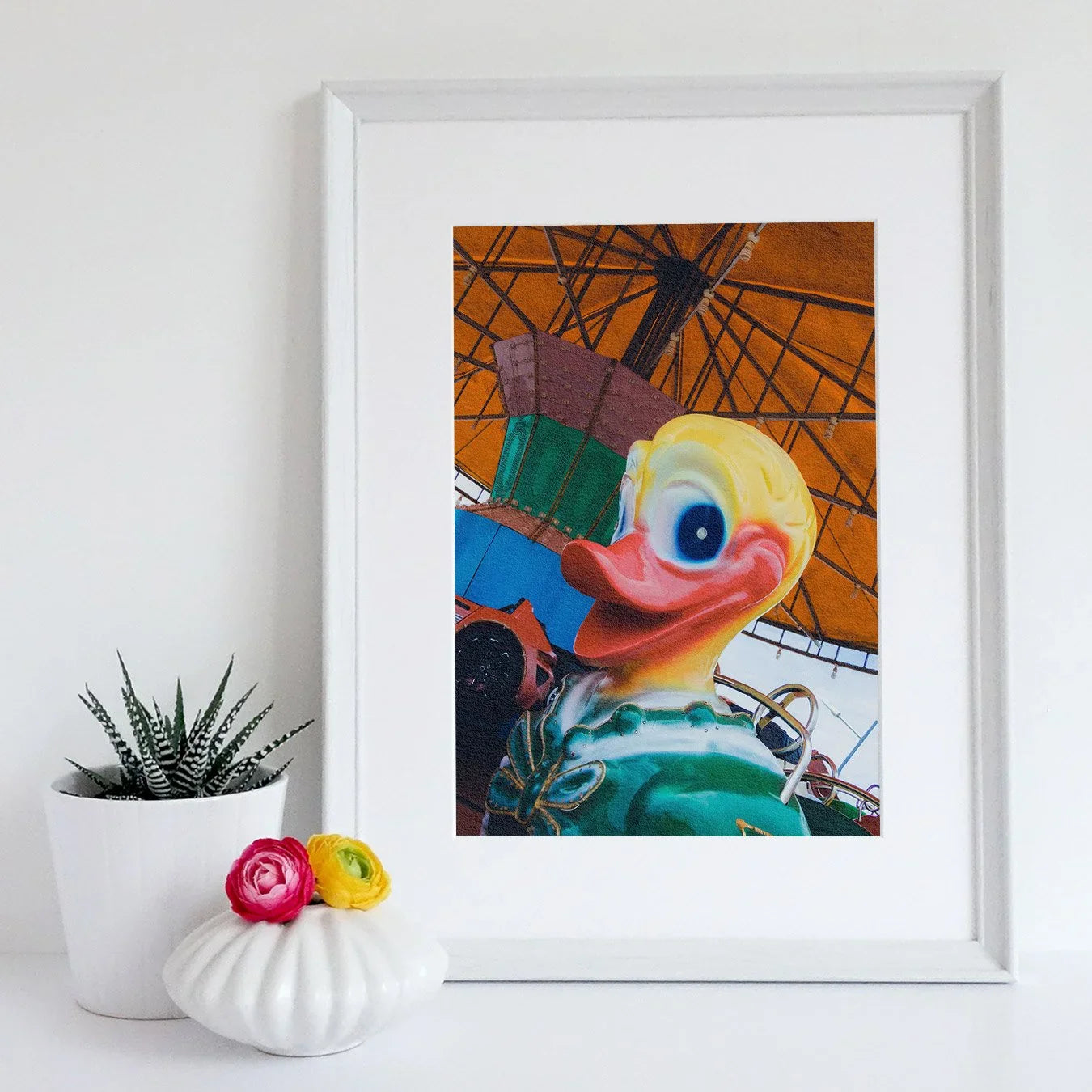 Up and at Em Giclée Print, 12×16 / Unframed Art, Framed Photograph Colorful Carnival Ride Duck Figure
