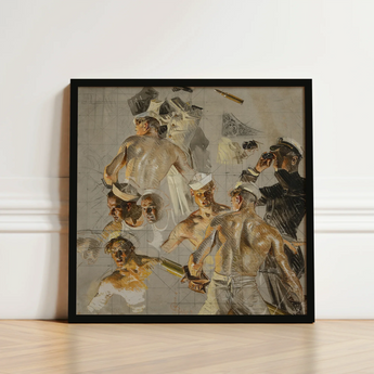 Framed Mixed-media Artwork Dynamic Scene Sailors Poses Rendered Navy, Joseph Christian Leyendecker, Built, Collier’s Magazine Cover, Study,