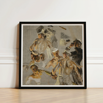 Framed Artwork Dynamic Scene Sailors Poses Rendered Earthy Navy, Joseph Christian Leyendecker, Built, Collier’s Magazine Cover, Study, Fine