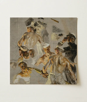 Mixed-media Artwork Dynamic Scene Sailors Poses Rendered Layered Navy, Joseph Christian Leyendecker, Built, Collier’s Magazine Cover,