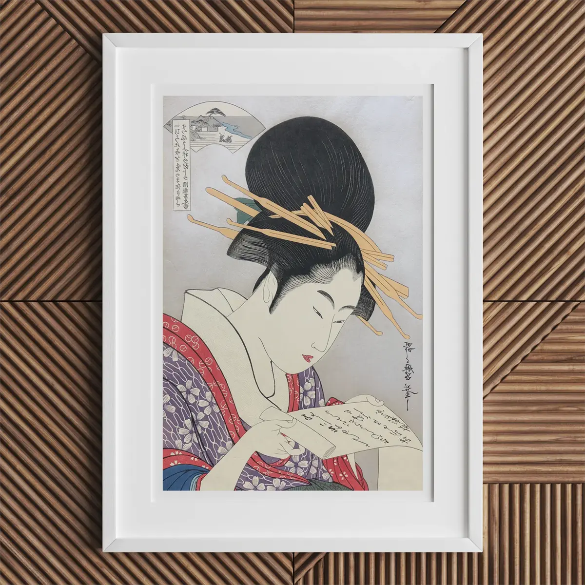 Framed Japanese art print showcasing Kitagawa Utamaro’s ukiyo-e printmaking style