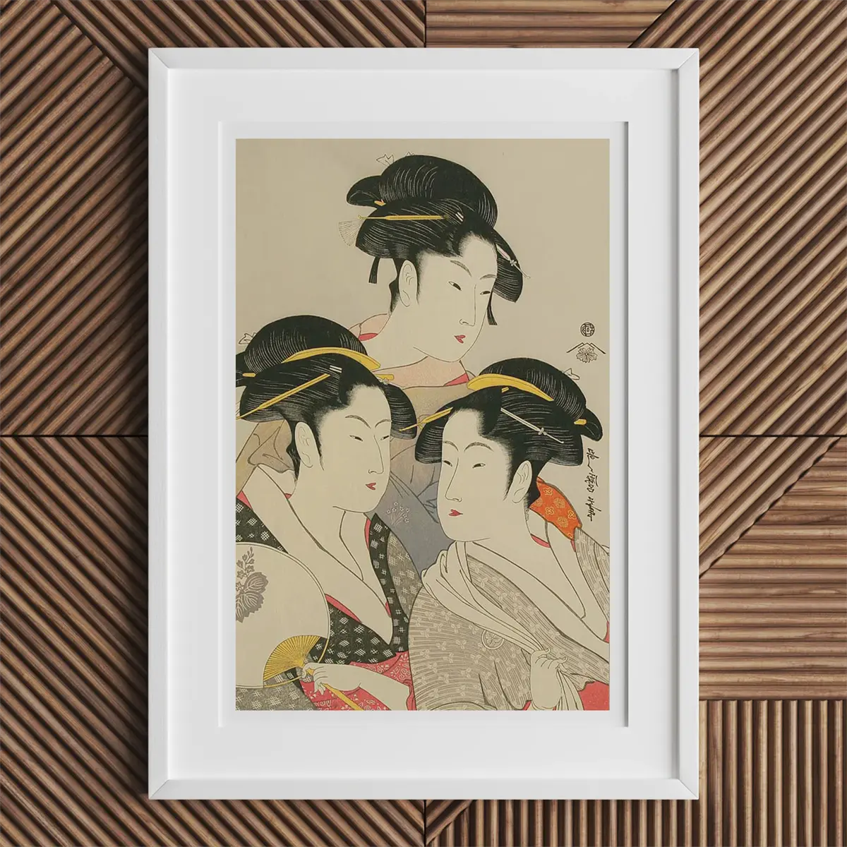Framed Japanese art print of Kitagawa Utamaro showcasing ukiyo-e printmaking beauty.