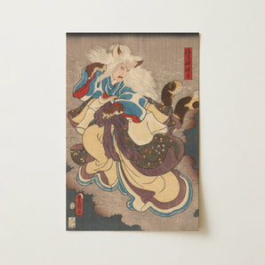 Vampire Cat of Nabeshima - Utagawa Kunisada Art Print / Canvas Vibrant Japanese Ukiyo-e Print Dynamic White-haired Fox Spirit Vampire Cat,