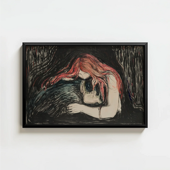 Black-framed Artwork Figure Red Hair Skull Rendered Dark Blood-red Pours, Edvard Munch Art Print, Carved Lines