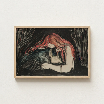 Framed Artwork Figure Red Hair Rendered Dark Tones Blood-red Pours, Edvard Munch Art Print, Carved Lines