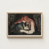 Framed Artwork Figure Long Red Hair Skull Rendered Blood-red Pours, Edvard Munch Art Print, Carved Lines