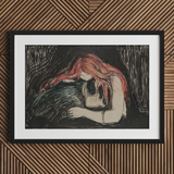Vampire - Edvard Munch Art Print / Canvas Black White Framed Artwork Red-haired Woman Knees Blood-red Hair Pours, Edvard Munch Art Print,