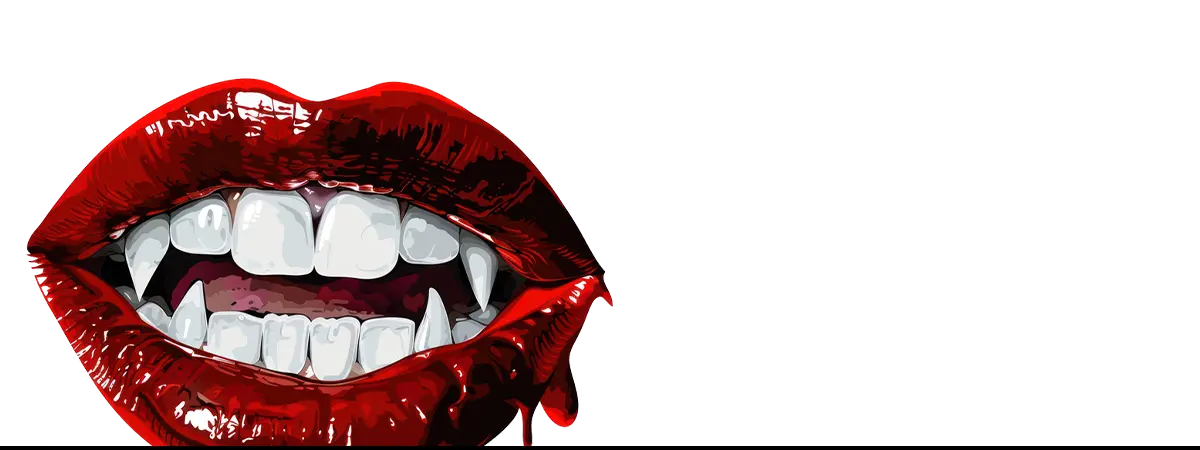 Vampire lips with fangs symbolizing true blood and queer vampire themes in Stoker’s Dracula