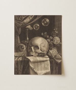 Monochromatic Engraved Life Print Detailed Human Skull Atop Art, British 17th Century, Wall