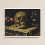 Vanitas natura morta con un teschio sopra un libro - Stampa d'arte di Guercino / Tela, 16x12’’ / 41x31cm / Cornice bianca, Poster, Stampe e Arte Visiva,