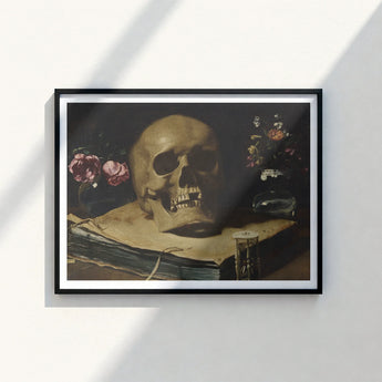 Black-framed Art Print Classical Life Golden Skull Pink Guercino’s Amber Chiaroscuro, Rests, Weathered Folio