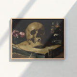 Framed Art Print Golden Skull Open Book Flanked Guercino’s Amber Chiaroscuro, Rests, Weathered Folio