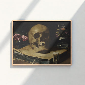 Framed Art Print Golden Skull Open Book Flanked Guercino’s Amber Chiaroscuro, Rests, Weathered Folio