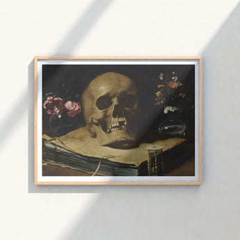 Framed Art Print Classical Life Golden Skull Open Guercino’s Amber Chiaroscuro, Rests, Weathered Folio