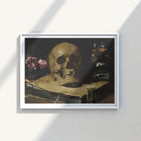 Framed Reproduction Classical Life Painting Detailed Human Skull Guercino’s Amber Chiaroscuro, Rests, Weathered Folio