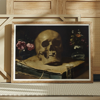 Vanitas Still Life with a Skull Atop Book - Guercino Art Print / Canvas Framed Print Dark Life Painting Skull Books Flowers Guercino’s