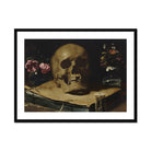 Vanitas Still Life with a Skull Atop Book - Guercino Art Print, Framed Painting Skull Flowers Hourglass Vanitas Life