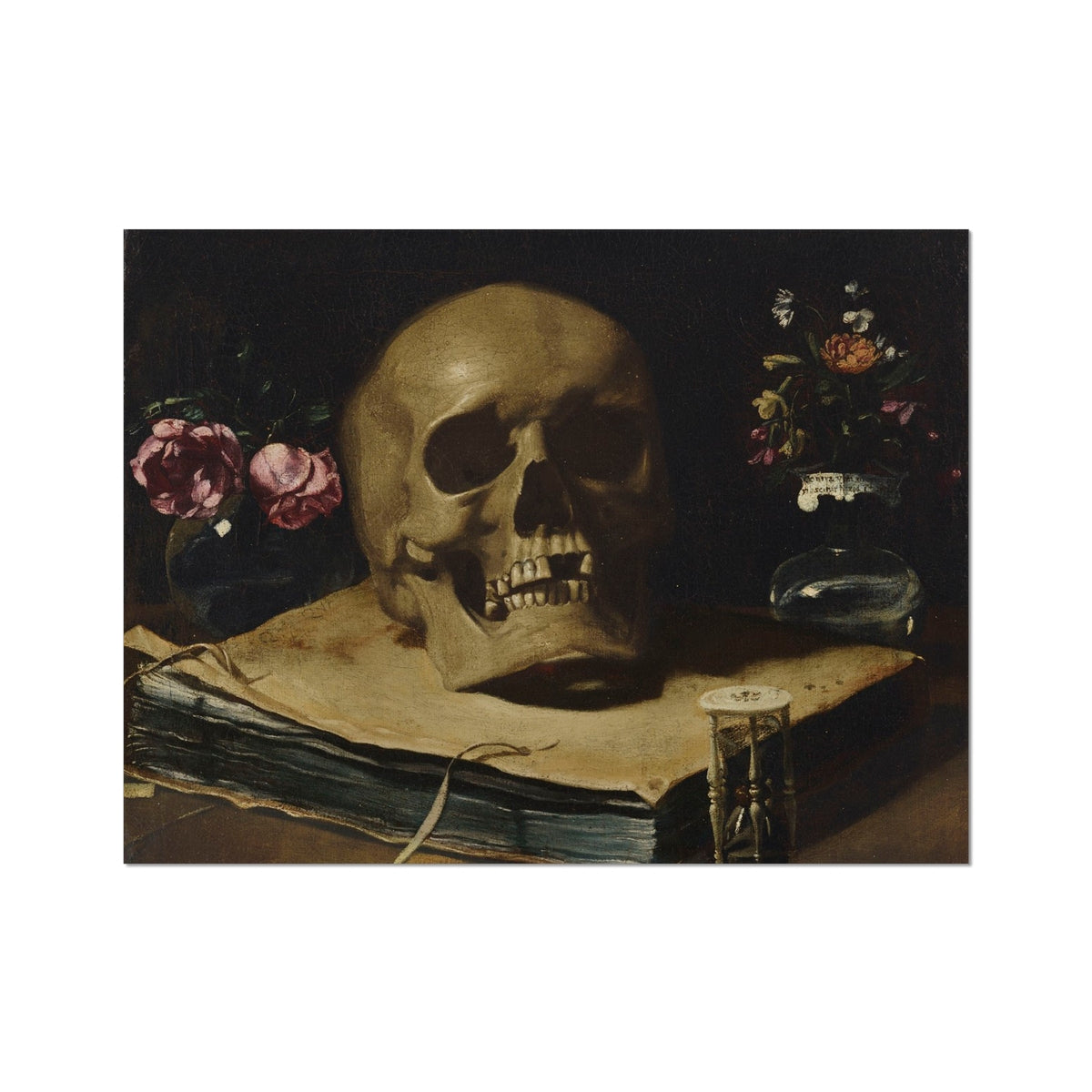 Vanitas Still Life with a Skull Atop Book - Guercino Art Print, Human Skull Open Jaw