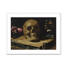 Vanitas Still Life with a Skull Atop Book - Guercino Art Print, Life Painting Skull Flowers Hourglass